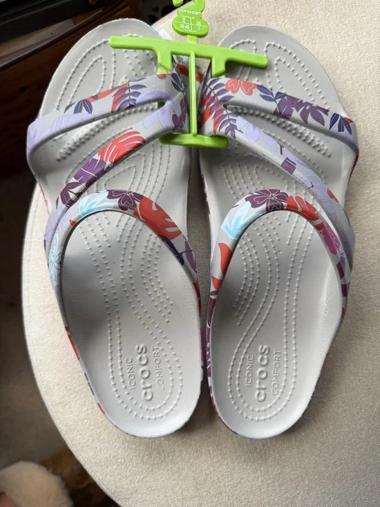 CROCS White Flip Sandals with Multicolor Floral Straps - Picture 1 of 5